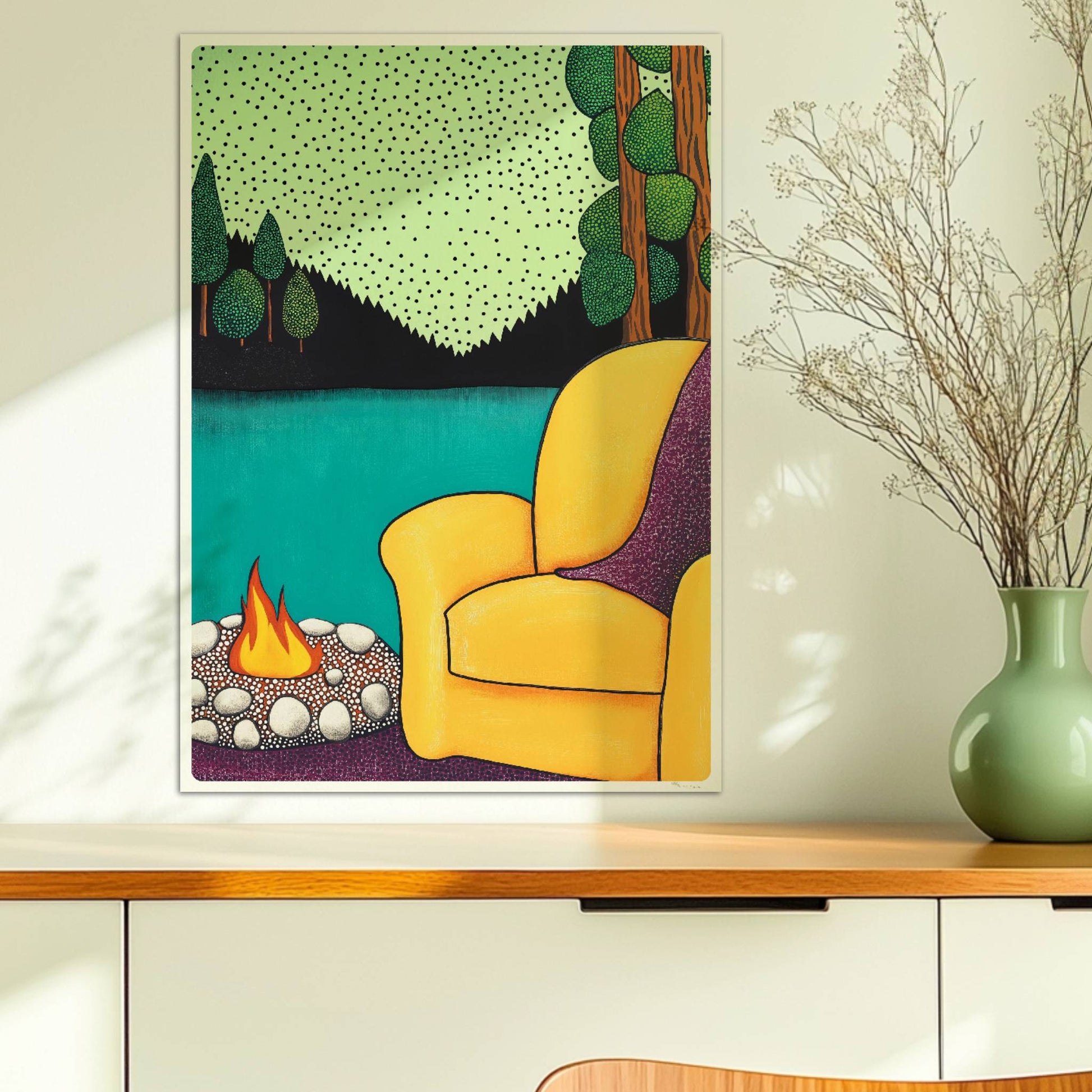 Sessel mit Blick auf die Berge und ruhiges Tal bei Sonnenuntergang, friedliche und entspannende Naturkulisse.. Ohne Rahmen 50x70