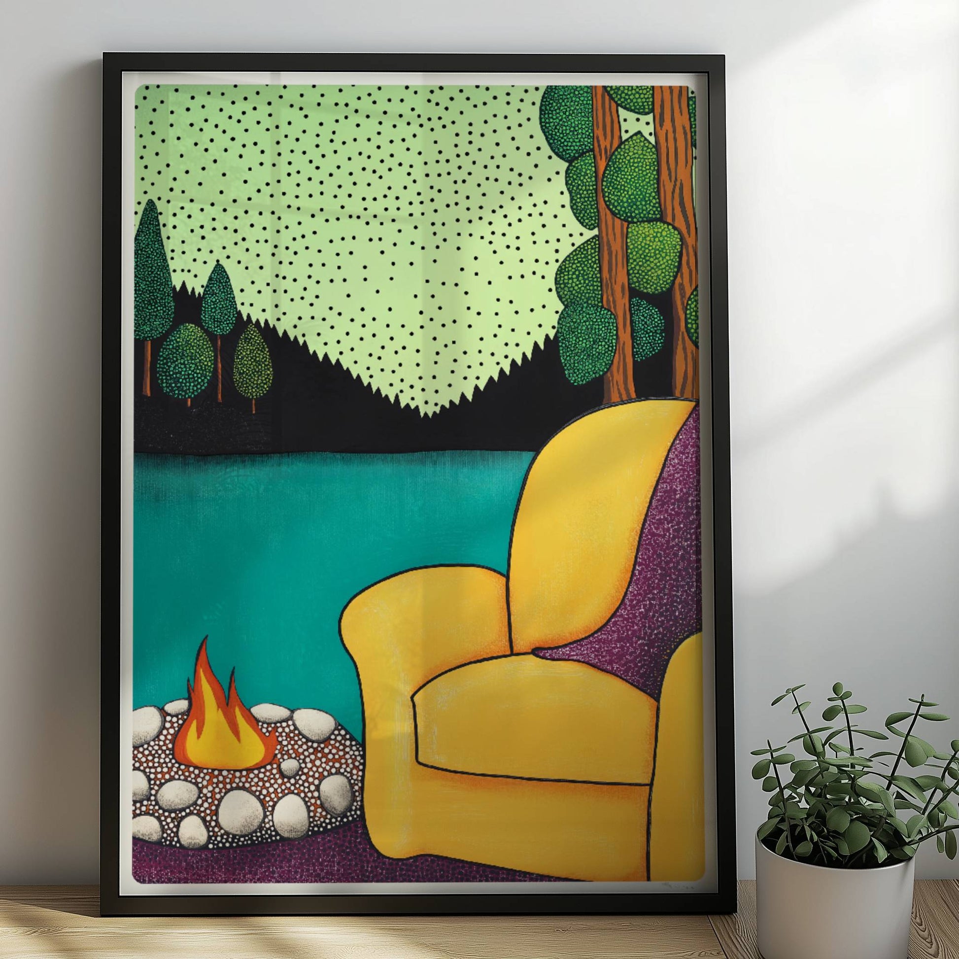Sessel mit Blick auf die Berge und ruhiges Tal bei Sonnenuntergang, friedliche und entspannende Naturkulisse.. Rahmen schwarz 50x70