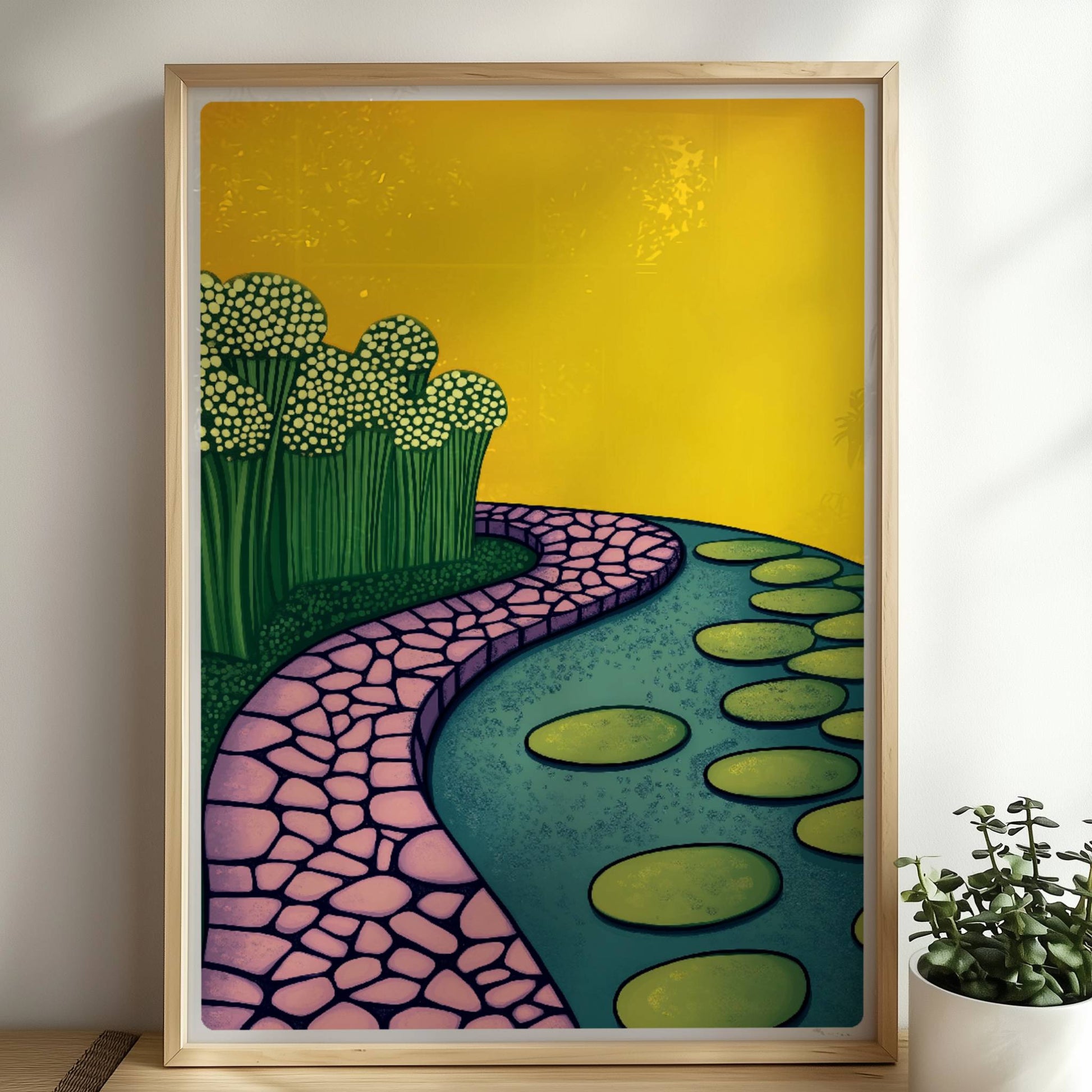 Naturpfad mit Wasserlilien entlang eines ruhigen Teiches, blauer Himmel und friedliche Landschaft.. Rahmen natur 50x70