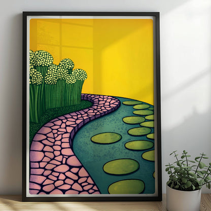 Naturpfad mit Wasserlilien entlang eines ruhigen Teiches, blauer Himmel und friedliche Landschaft.. Rahmen schwarz 50x70