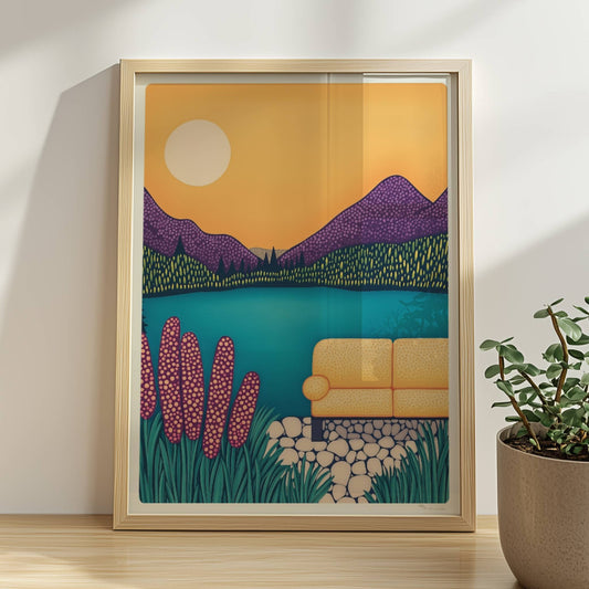 Sofa am Seeufer mit Blick auf ruhiges Wasser, entspannte Atmosphäre und sanfte Farben im Abendlicht.. Rahmen natur 30x40