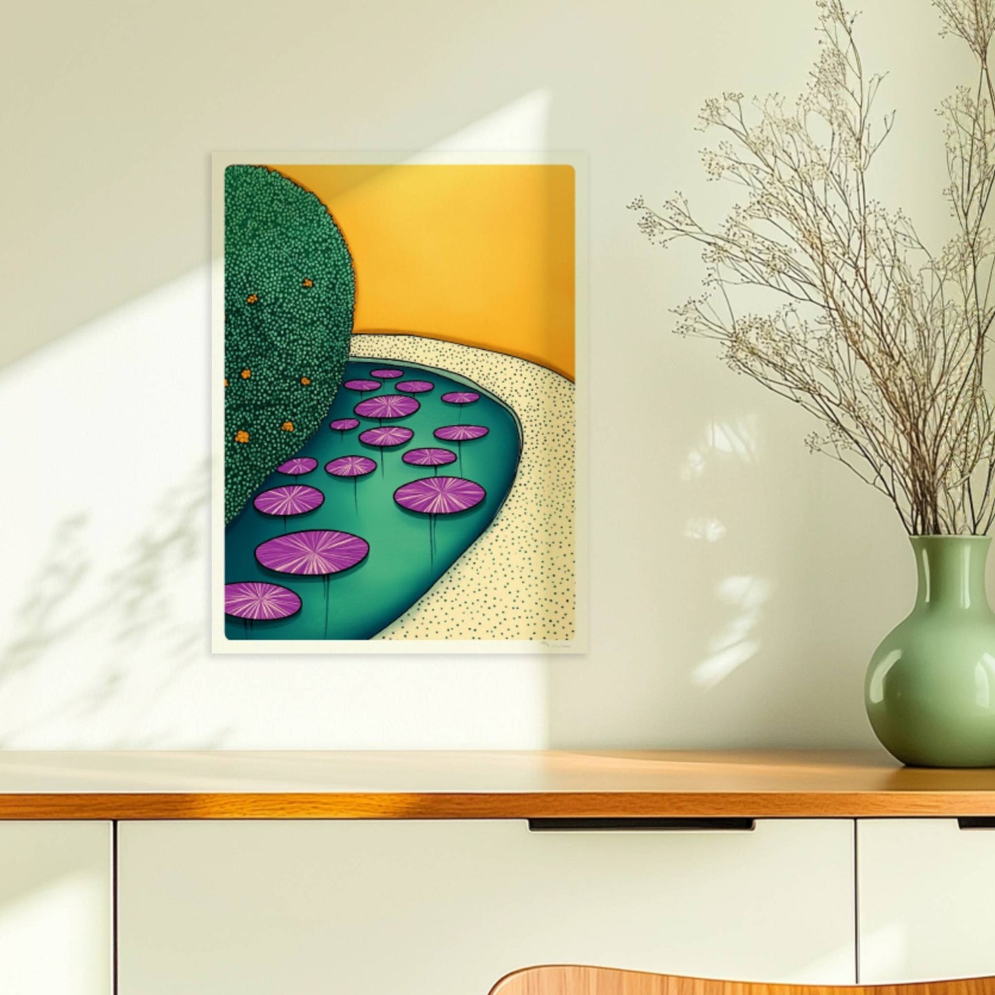 Seerosen in der goldenen Stunde auf ruhigem Wasser mit warmem Licht und friedlicher Atmosphäre.. Ohne Rahmen 30x40