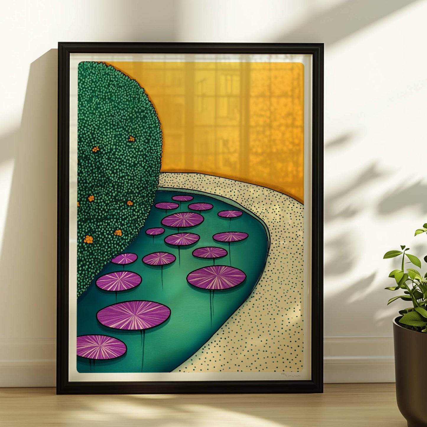 Seerosen in der goldenen Stunde auf ruhigem Wasser mit warmem Licht und friedlicher Atmosphäre.. Rahmen schwarz 30x40