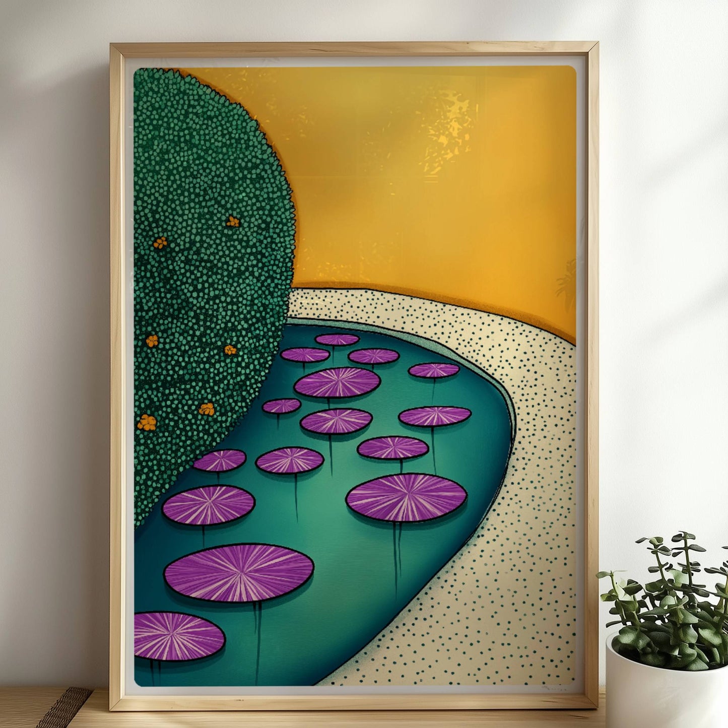 Seerosen in der goldenen Stunde auf ruhigem Wasser mit warmem Licht und friedlicher Atmosphäre.. Rahmen natur 50x70