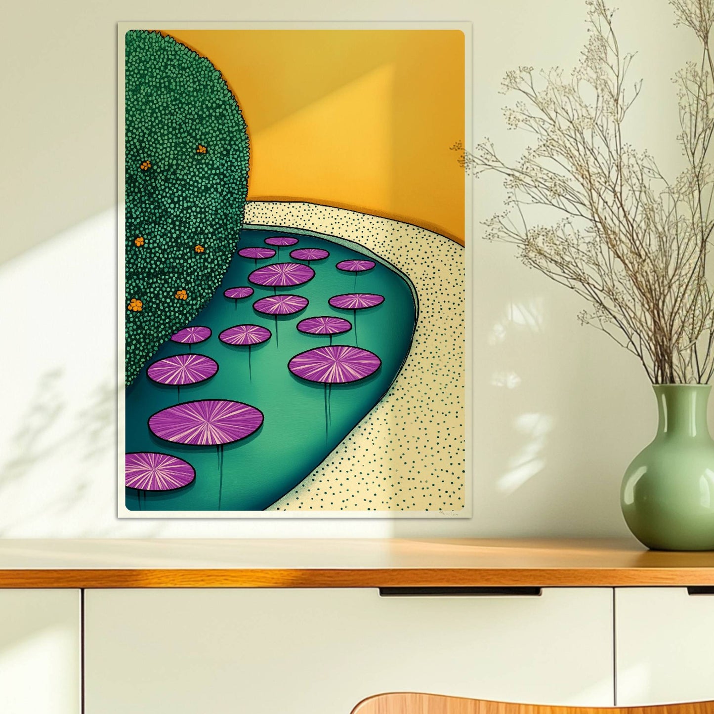 Seerosen in der goldenen Stunde auf ruhigem Wasser mit warmem Licht und friedlicher Atmosphäre.. Ohne Rahmen 50x70