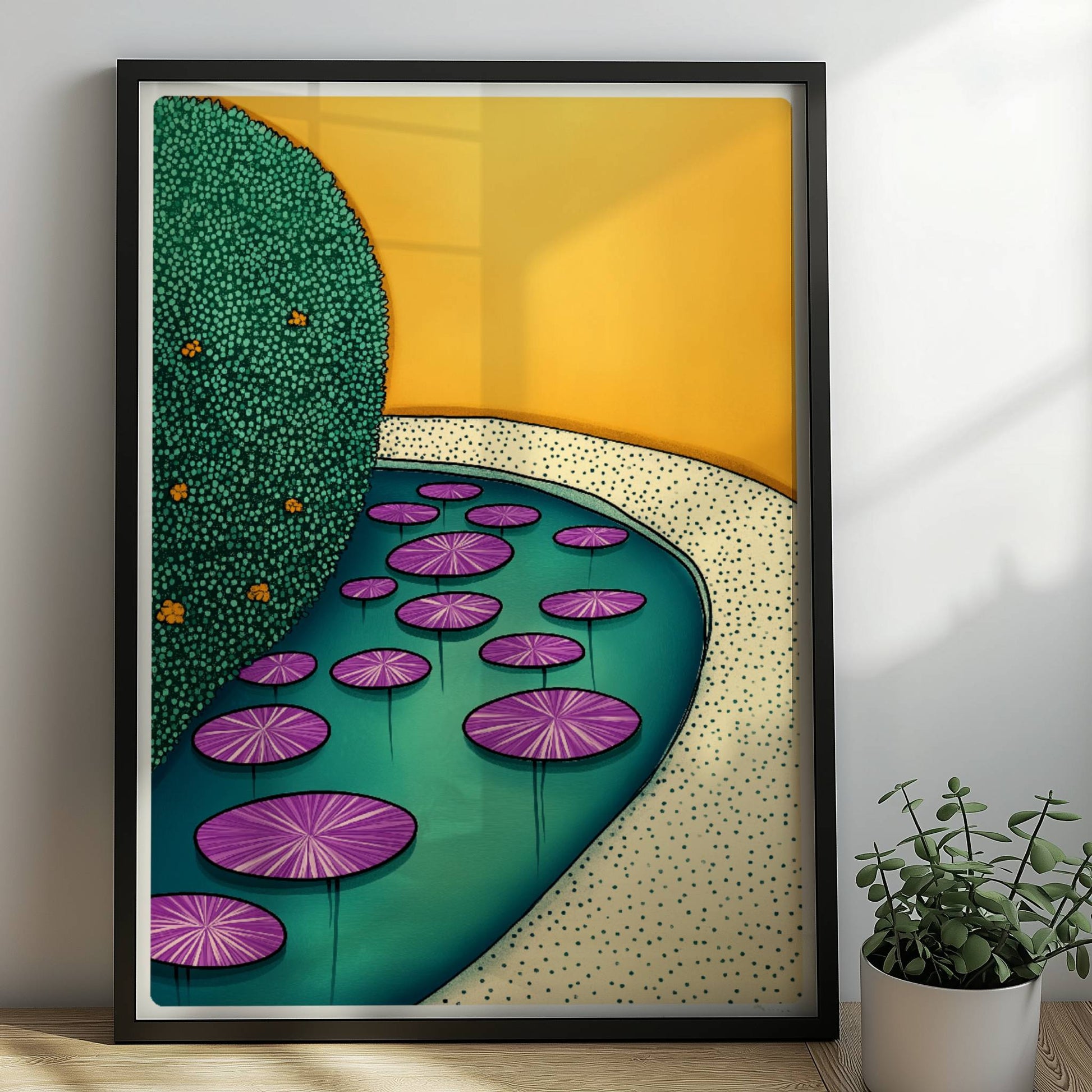 Seerosen in der goldenen Stunde auf ruhigem Wasser mit warmem Licht und friedlicher Atmosphäre.. Rahmen schwarz 50x70