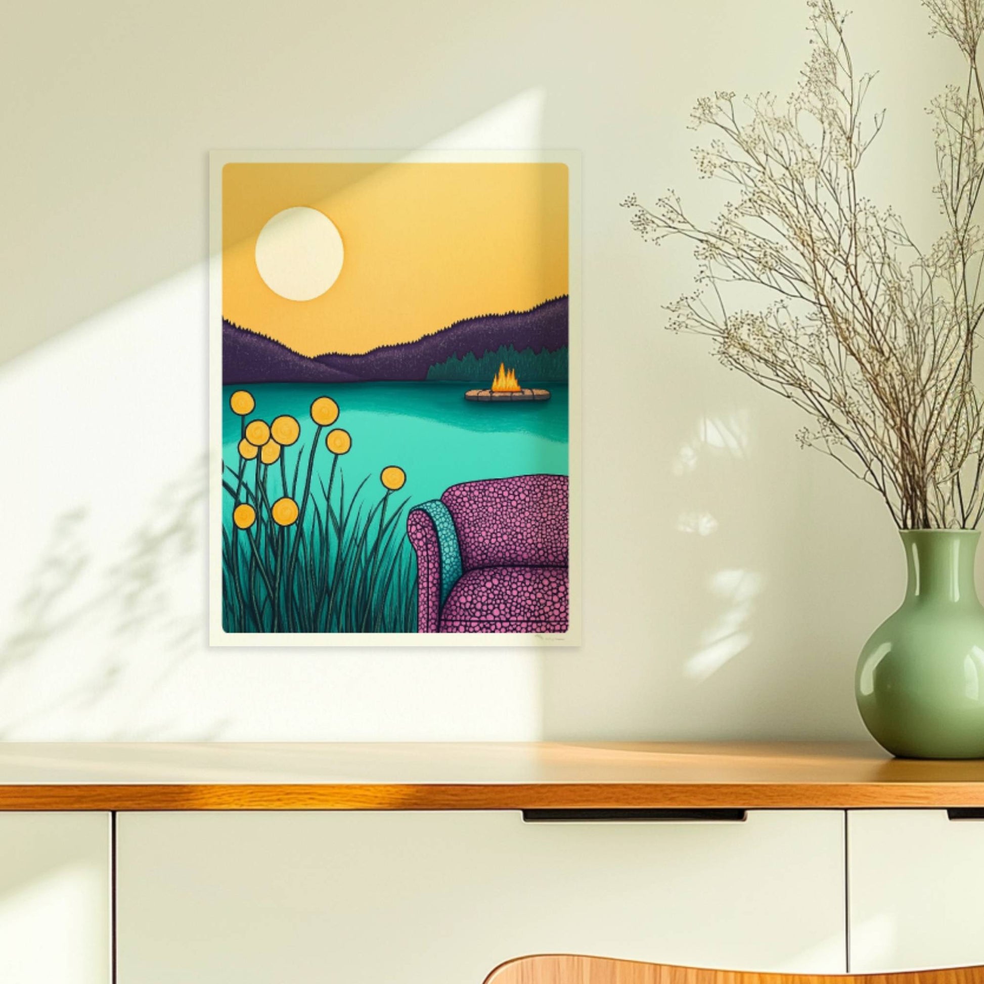 Abendliche Idylle am Wasser mit ruhigem See, weichem Licht und friedlichem Sonnenuntergang.. Ohne Rahmen 30x40