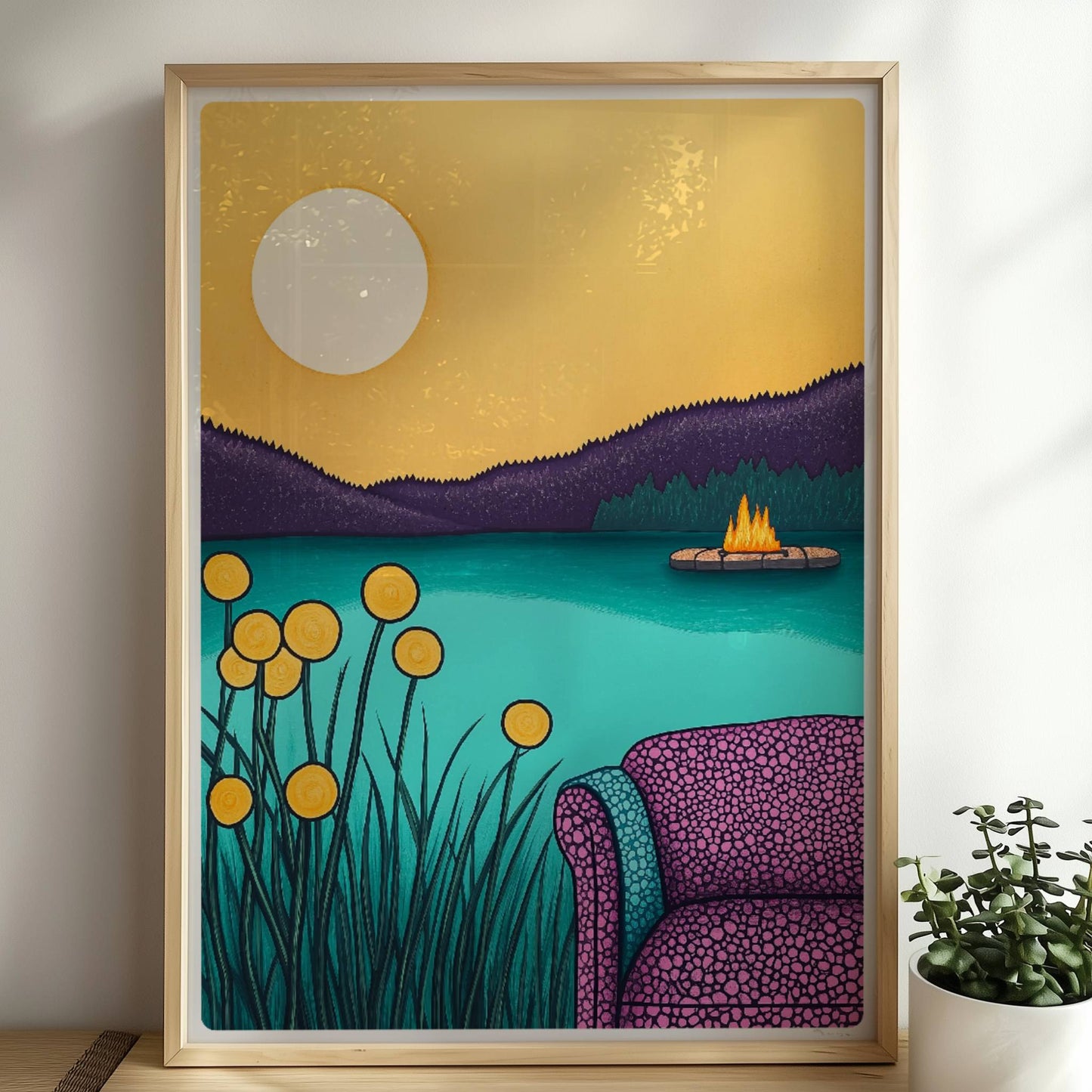 Abendliche Idylle am Wasser mit ruhigem See, weichem Licht und friedlichem Sonnenuntergang.. Rahmen natur 50x70