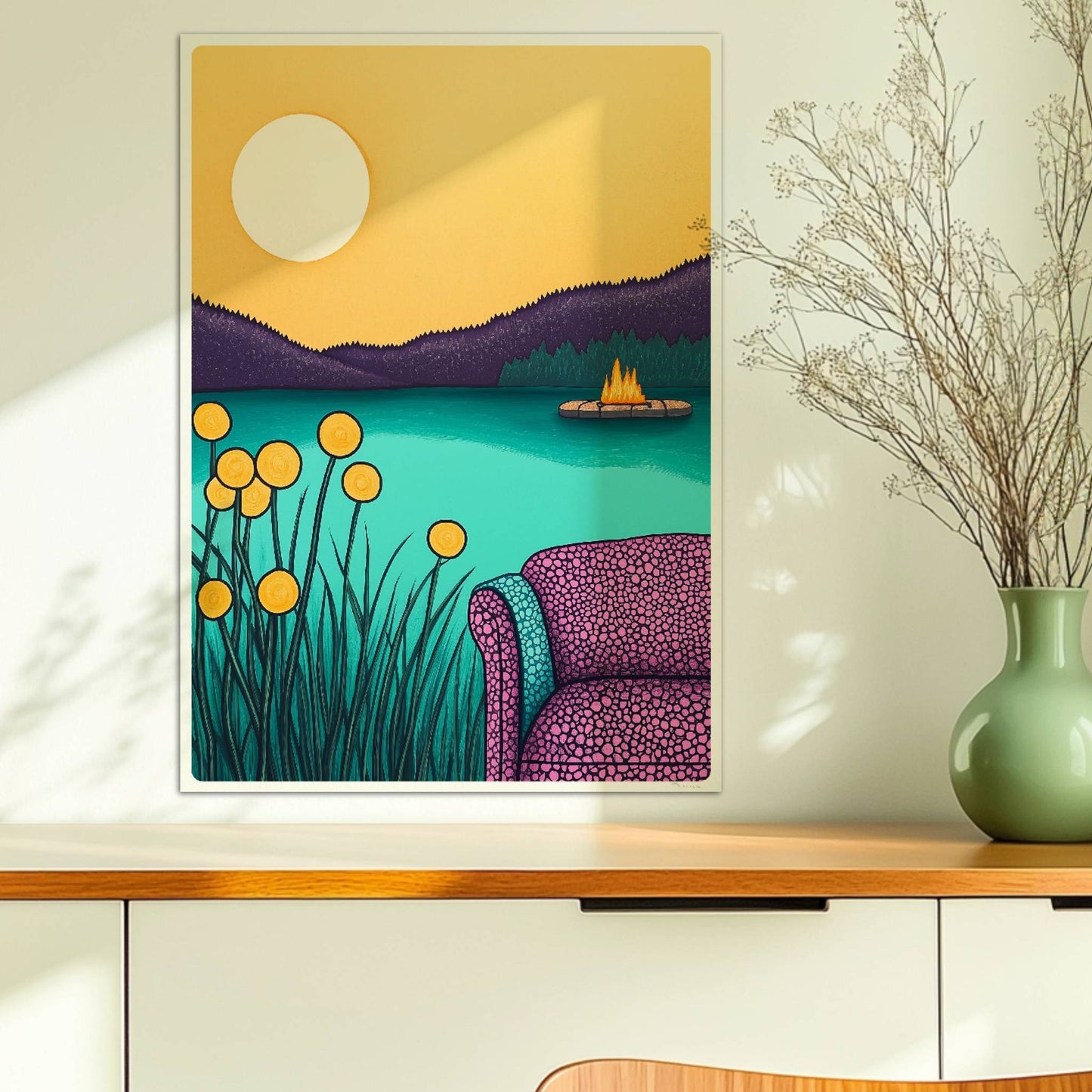 Abendliche Idylle am Wasser mit ruhigem See, weichem Licht und friedlichem Sonnenuntergang.. Ohne Rahmen 50x70