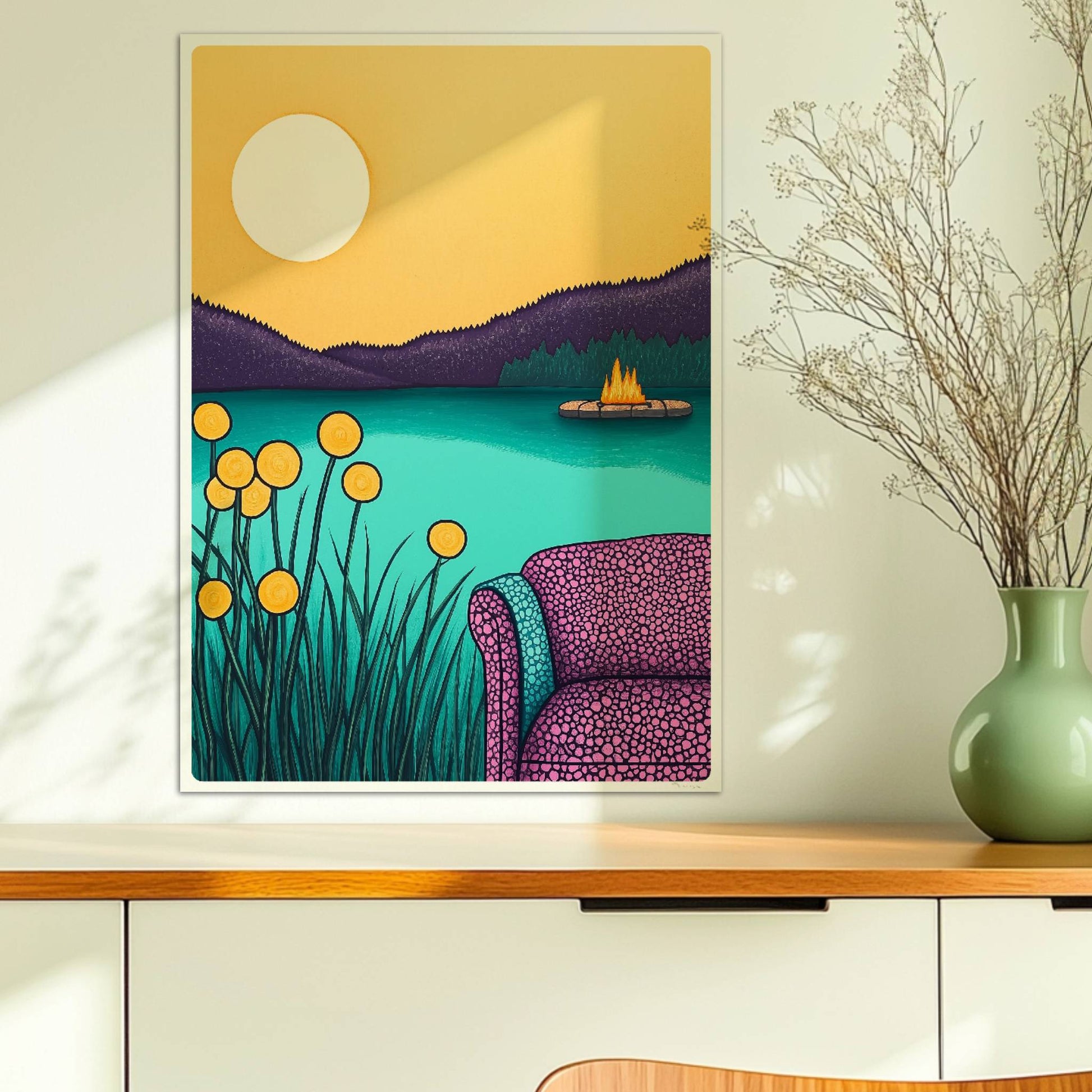 Abendliche Idylle am Wasser mit ruhigem See, weichem Licht und friedlichem Sonnenuntergang.. Ohne Rahmen 50x70