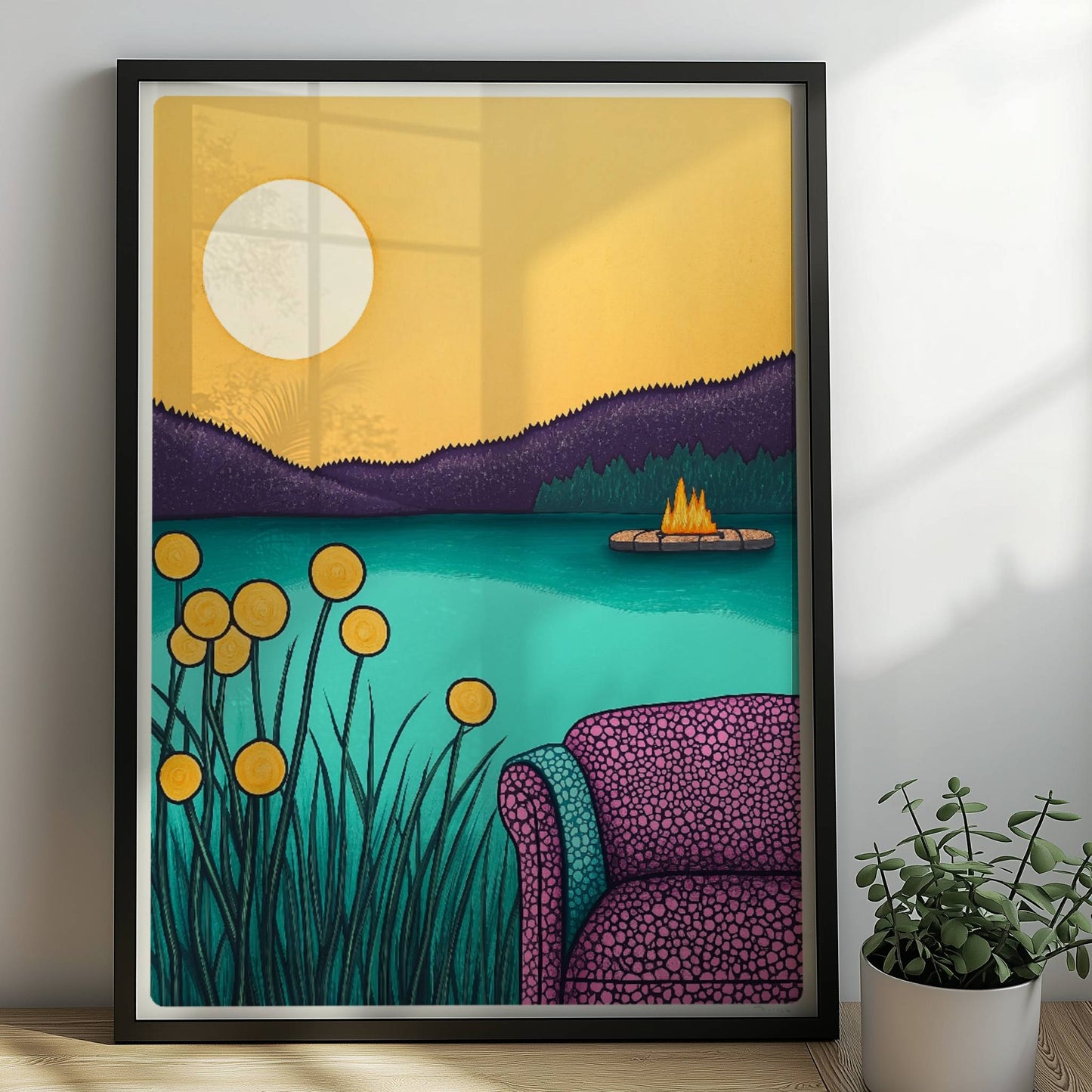 Abendliche Idylle am Wasser mit ruhigem See, weichem Licht und friedlichem Sonnenuntergang.. Rahmen schwarz 50x70
