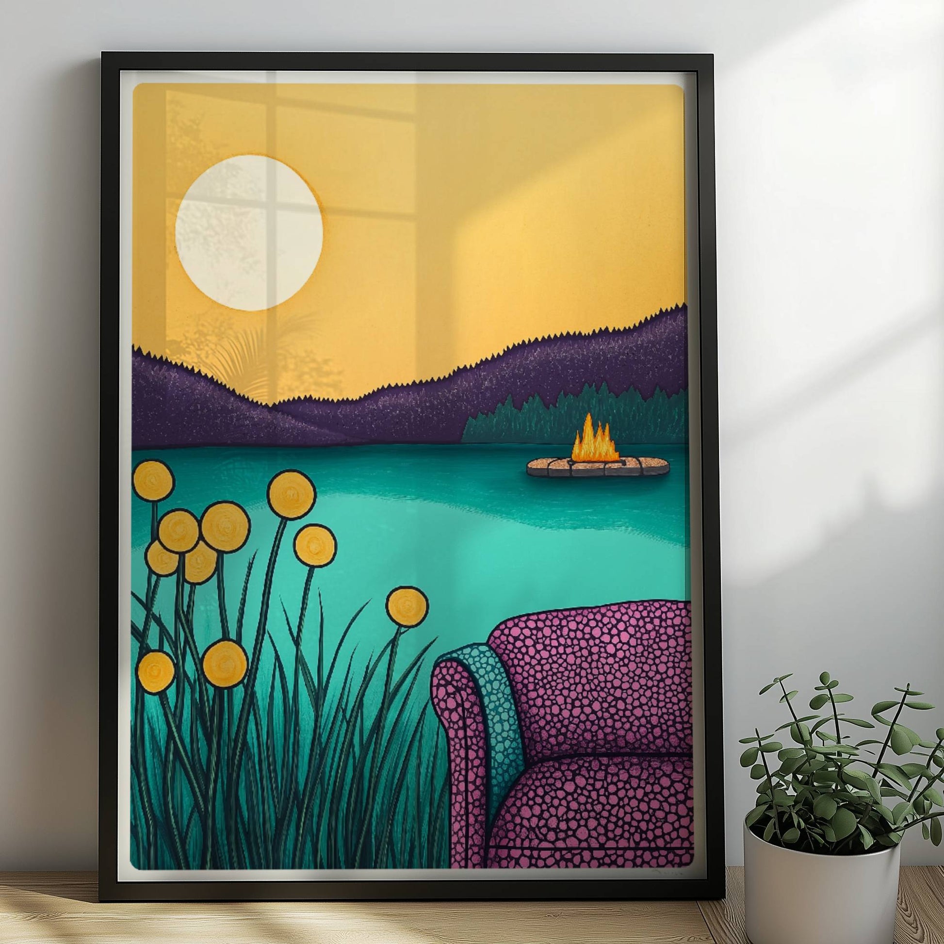 Abendliche Idylle am Wasser mit ruhigem See, weichem Licht und friedlichem Sonnenuntergang.. Rahmen schwarz 50x70