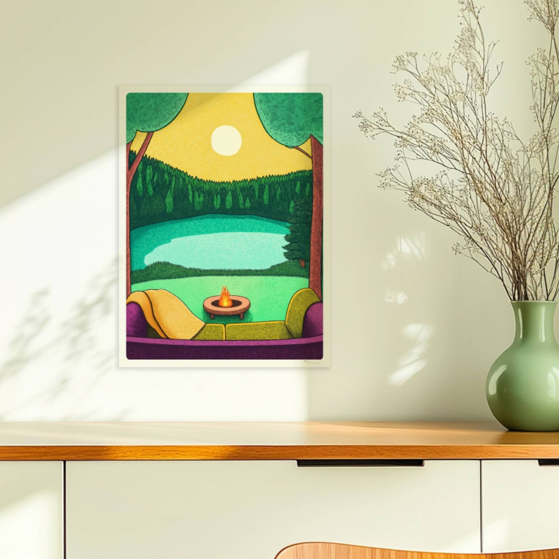 Blick vom Sofa auf den See mit ruhigem Wasser, entspannter Atmosphäre und sanften Farbtönen.. Ohne Rahmen 30x40