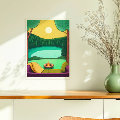 Blick vom Sofa auf den See mit ruhigem Wasser, entspannter Atmosphäre und sanften Farbtönen.. Ohne Rahmen 30x40