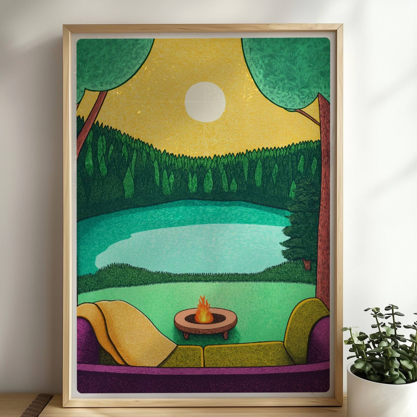 Blick vom Sofa auf den See mit ruhigem Wasser, entspannter Atmosphäre und sanften Farbtönen.. Rahmen natur 50x70