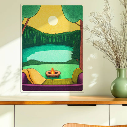 Blick vom Sofa auf den See mit ruhigem Wasser, entspannter Atmosphäre und sanften Farbtönen.. Ohne Rahmen 50x70