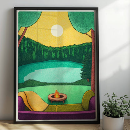 Blick vom Sofa auf den See mit ruhigem Wasser, entspannter Atmosphäre und sanften Farbtönen.. Rahmen schwarz 50x70