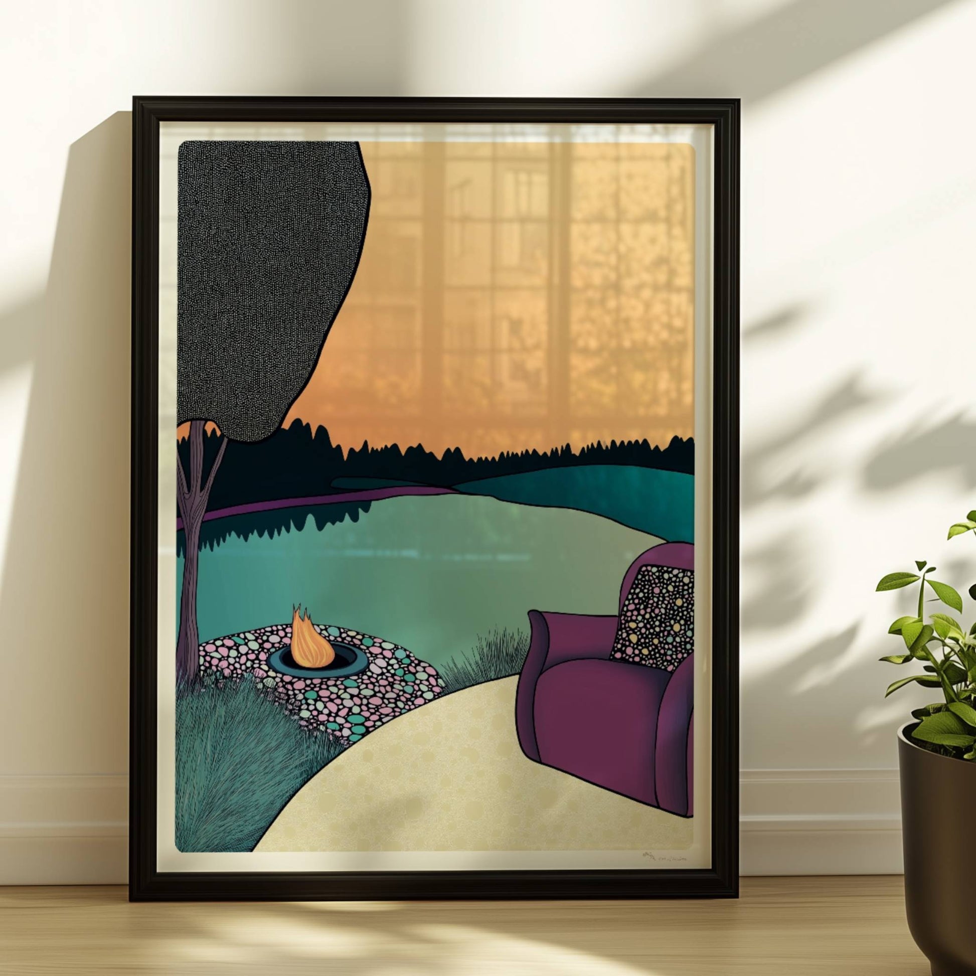 Einladung zum Entspannen an ruhigem Seeufer mit natürlicher Vegetation und sanftem Licht.. Rahmen schwarz 30x40