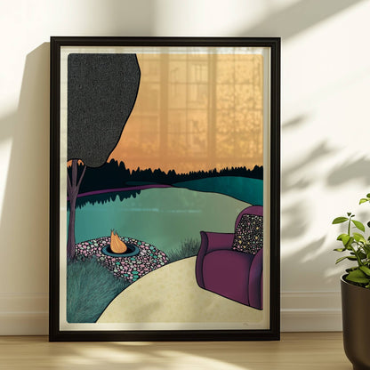 Einladung zum Entspannen an ruhigem Seeufer mit natürlicher Vegetation und sanftem Licht.. Rahmen schwarz 30x40