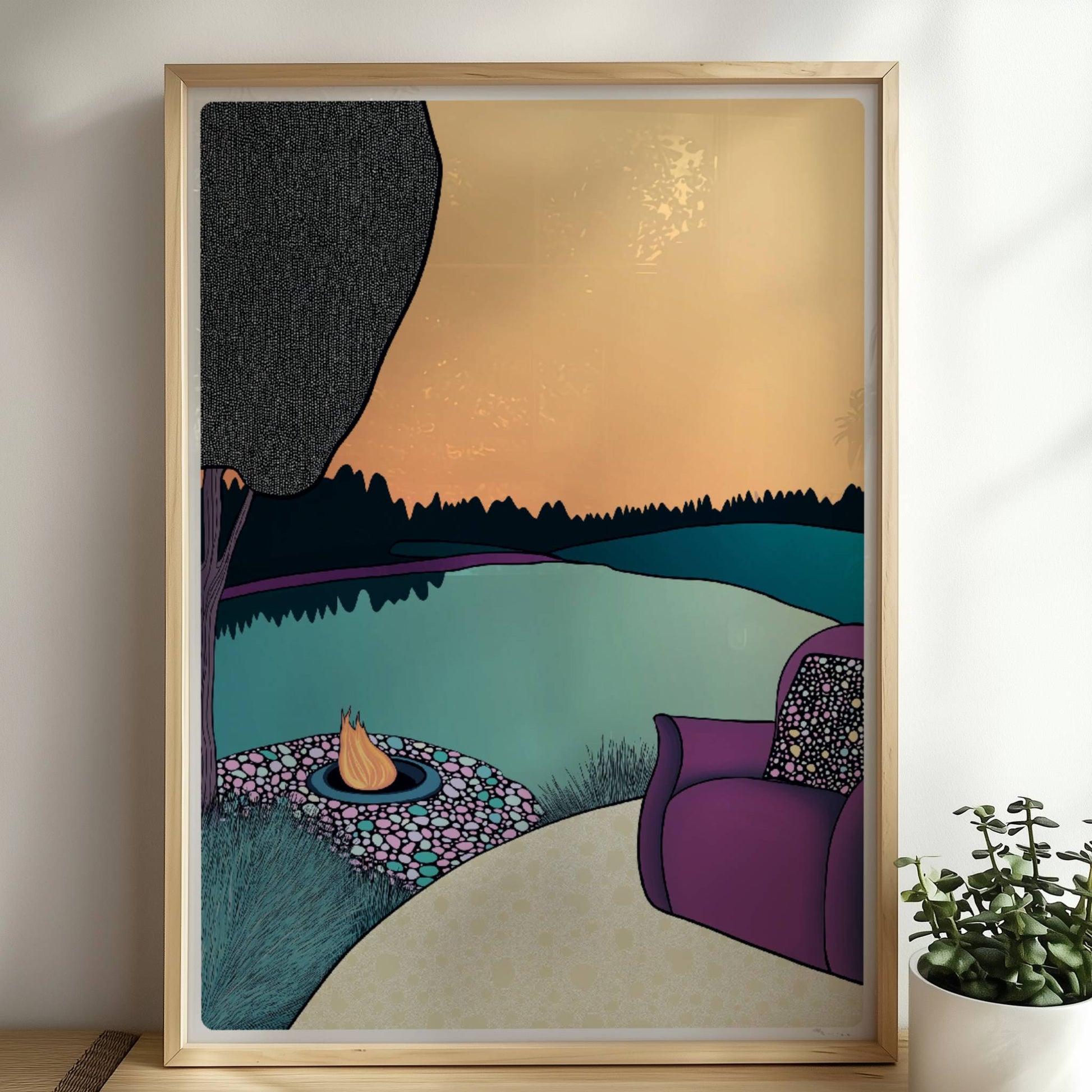 Einladung zum Entspannen an ruhigem Seeufer mit natürlicher Vegetation und sanftem Licht.. Rahmen natur 50x70