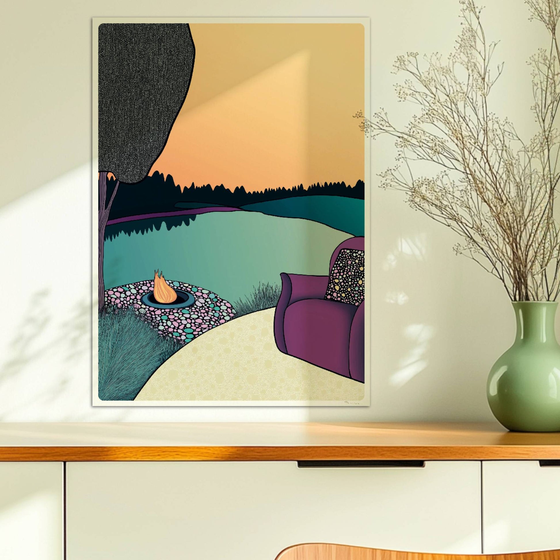 Einladung zum Entspannen an ruhigem Seeufer mit natürlicher Vegetation und sanftem Licht.. Ohne Rahmen 50x70