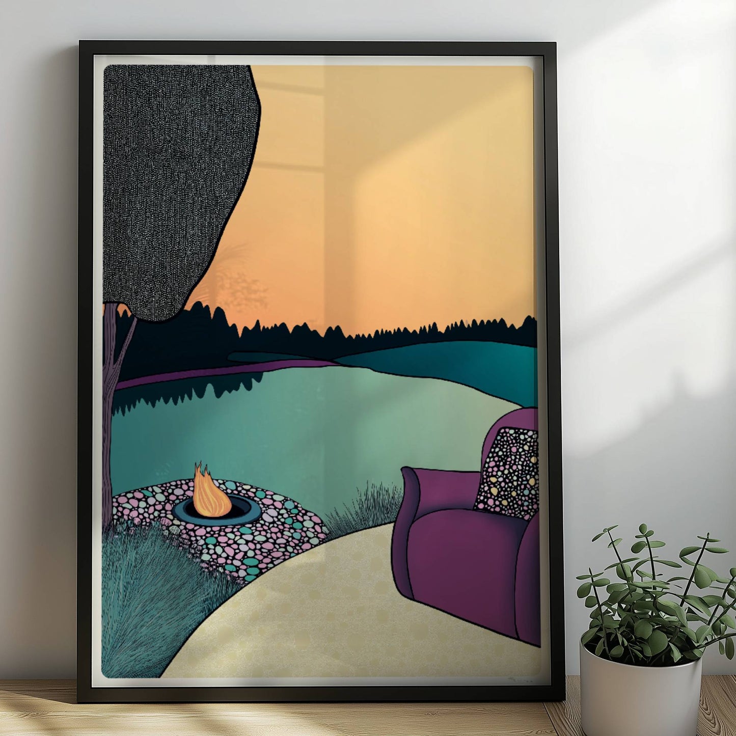 Einladung zum Entspannen an ruhigem Seeufer mit natürlicher Vegetation und sanftem Licht.. Rahmen schwarz 50x70
