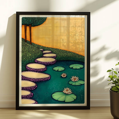 Steintreppe zur Wasserlandschaft mit ruhigem Teich, Pflanzen und weichem Himmelshintergrund.. Rahmen schwarz 30x40