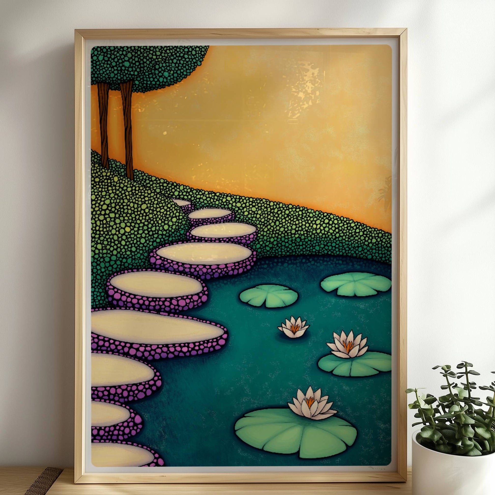 Steintreppe zur Wasserlandschaft mit ruhigem Teich, Pflanzen und weichem Himmelshintergrund.. Rahmen natur 50x70
