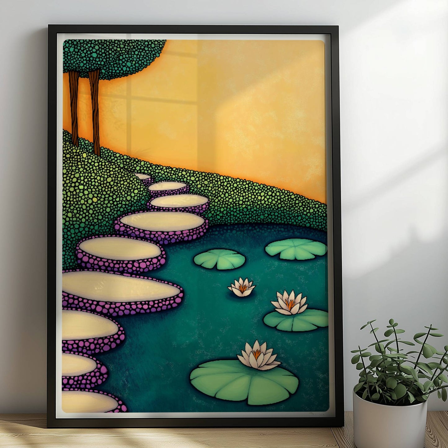 Steintreppe zur Wasserlandschaft mit ruhigem Teich, Pflanzen und weichem Himmelshintergrund.. Rahmen schwarz 50x70