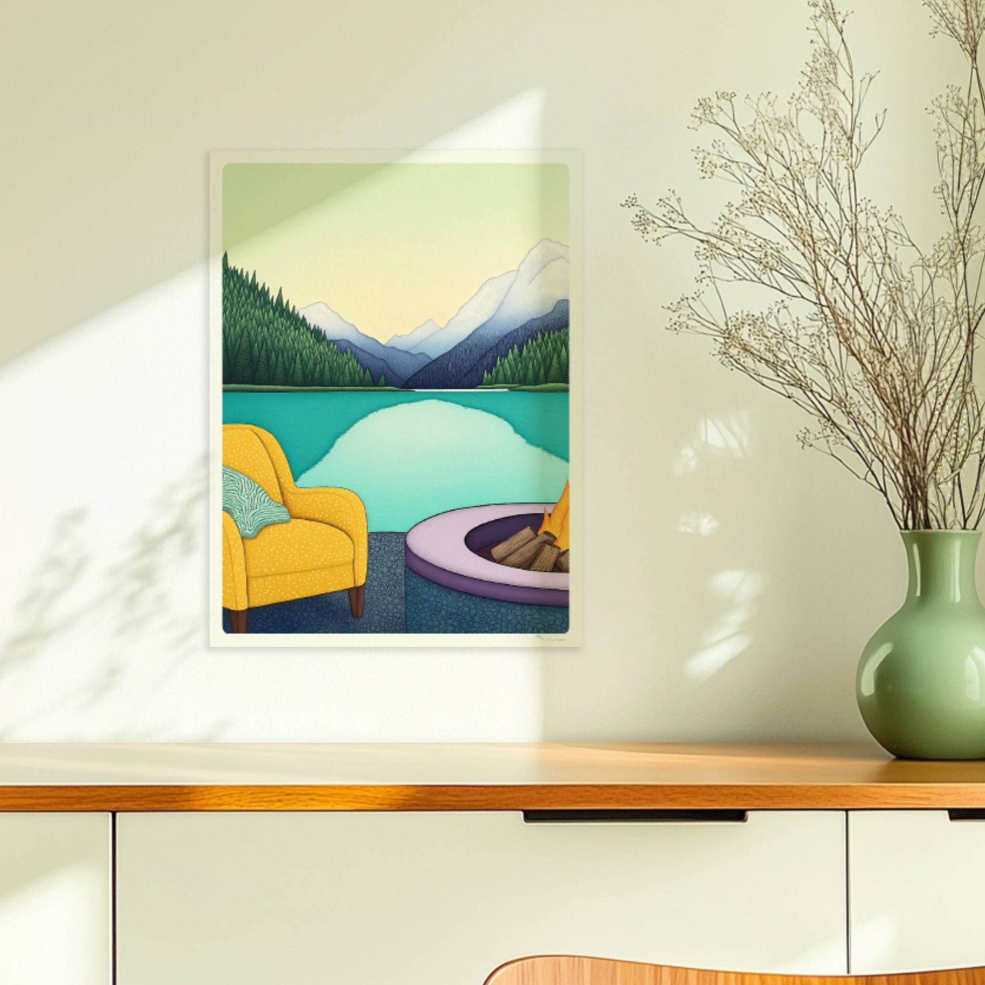Feuerstelle mit Bergpanorama in ruhiger Naturkulisse, warmes Licht und entspannte Stimmung.. Ohne Rahmen 30x40