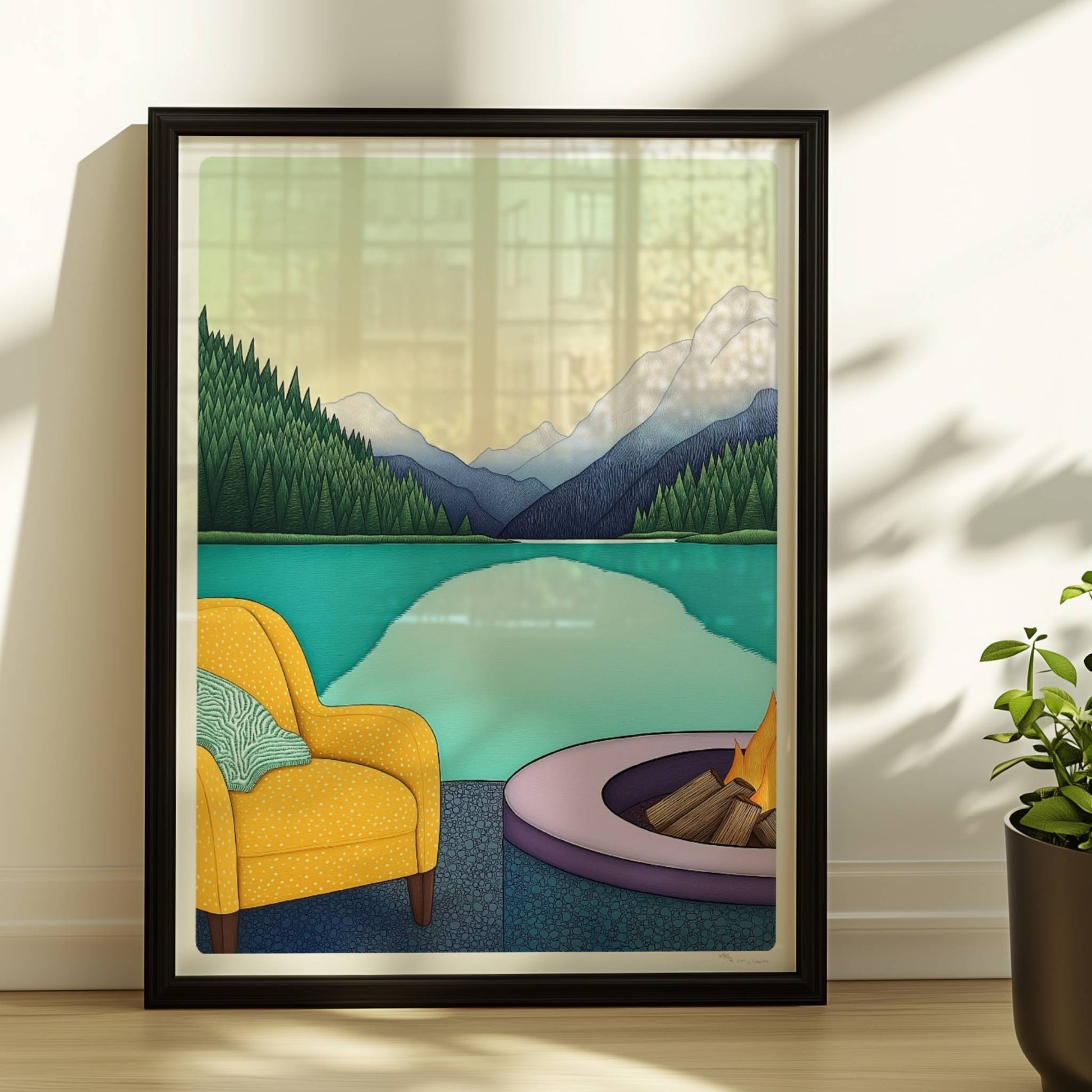 Feuerstelle mit Bergpanorama in ruhiger Naturkulisse, warmes Licht und entspannte Stimmung.. Rahmen schwarz 30x40
