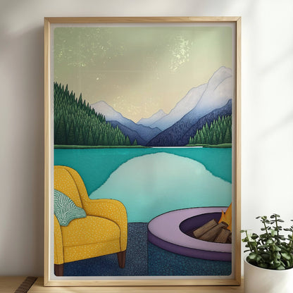 Feuerstelle mit Bergpanorama in ruhiger Naturkulisse, warmes Licht und entspannte Stimmung.. Rahmen natur 50x70