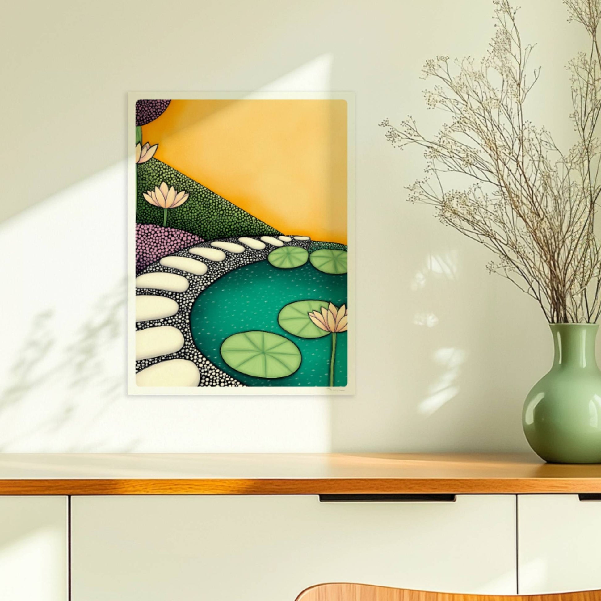 Teich mit schwimmenden Seerosen, ruhiges Wasser und friedliche Naturlandschaft in sanften Farben.. Ohne Rahmen 30x40