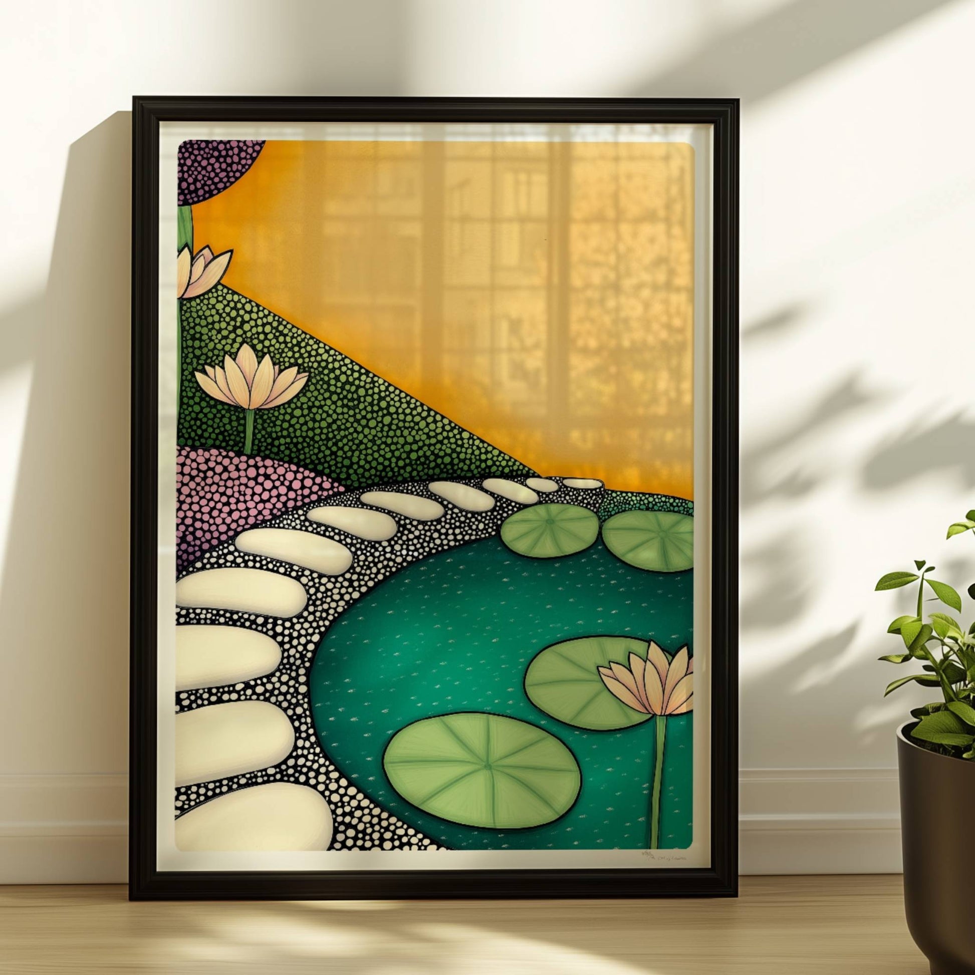 Teich mit schwimmenden Seerosen, ruhiges Wasser und friedliche Naturlandschaft in sanften Farben.. Rahmen schwarz 30x40