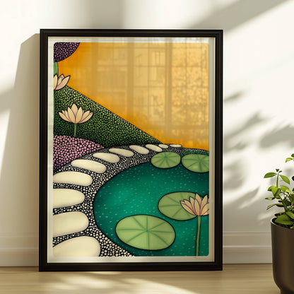 Teich mit schwimmenden Seerosen, ruhiges Wasser und friedliche Naturlandschaft in sanften Farben.. Rahmen schwarz 30x40