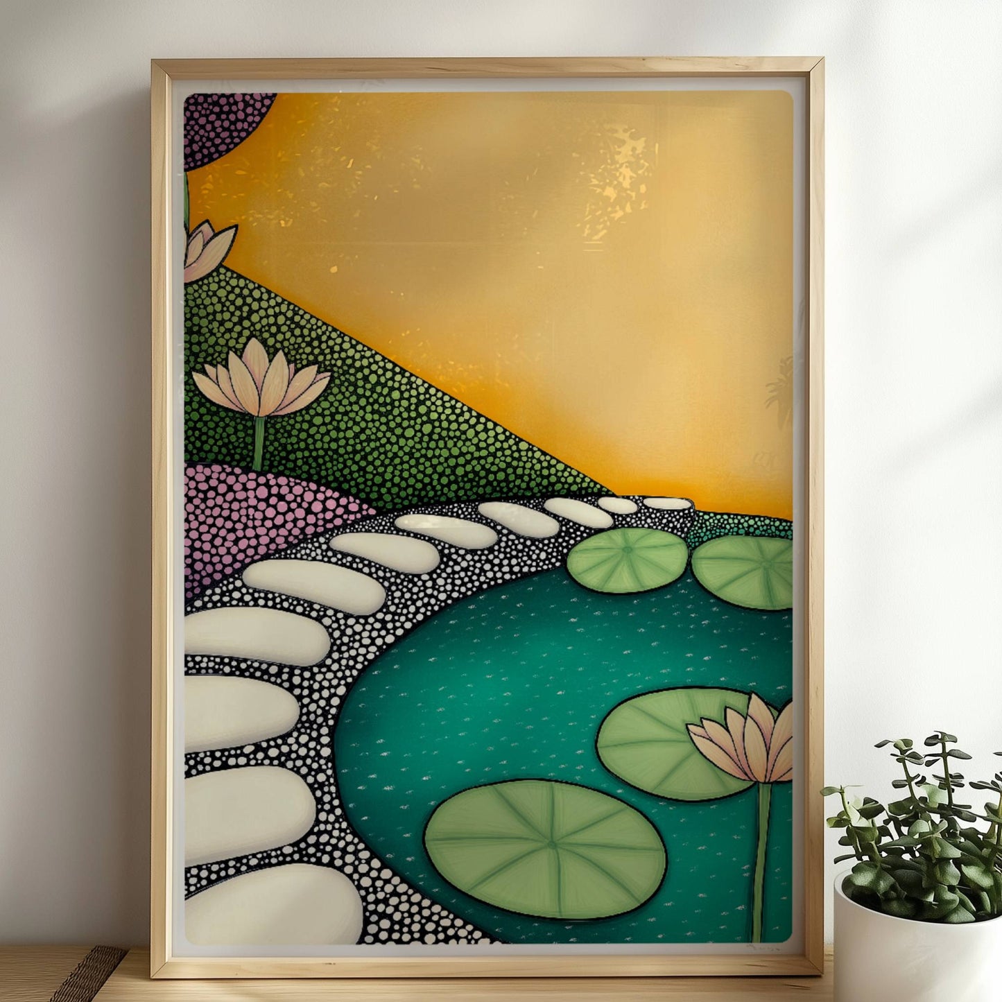 Teich mit schwimmenden Seerosen, ruhiges Wasser und friedliche Naturlandschaft in sanften Farben.. Rahmen natur 50x70