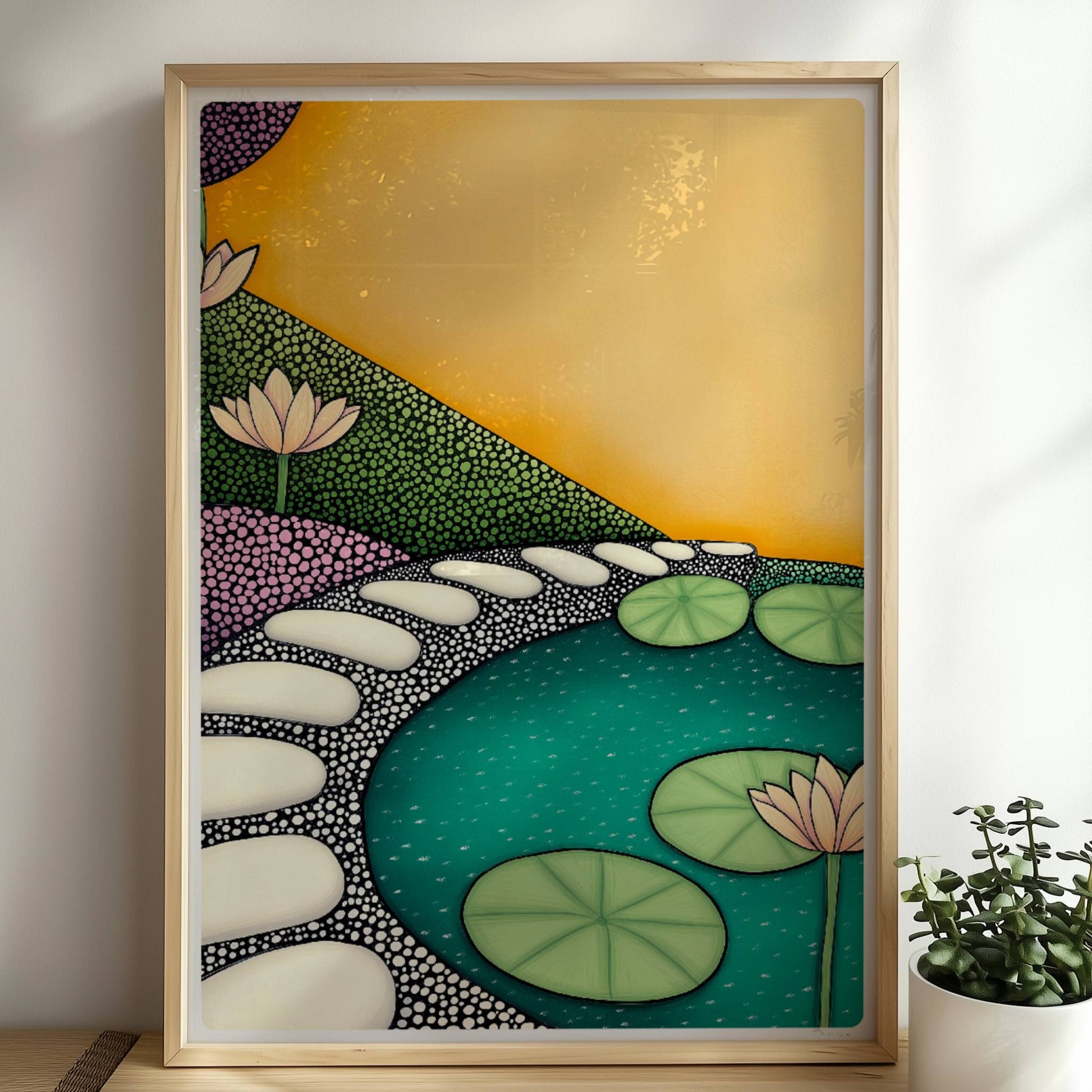 Teich mit schwimmenden Seerosen, ruhiges Wasser und friedliche Naturlandschaft in sanften Farben.. Rahmen natur 50x70