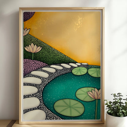 Teich mit schwimmenden Seerosen, ruhiges Wasser und friedliche Naturlandschaft in sanften Farben.. Rahmen natur 50x70