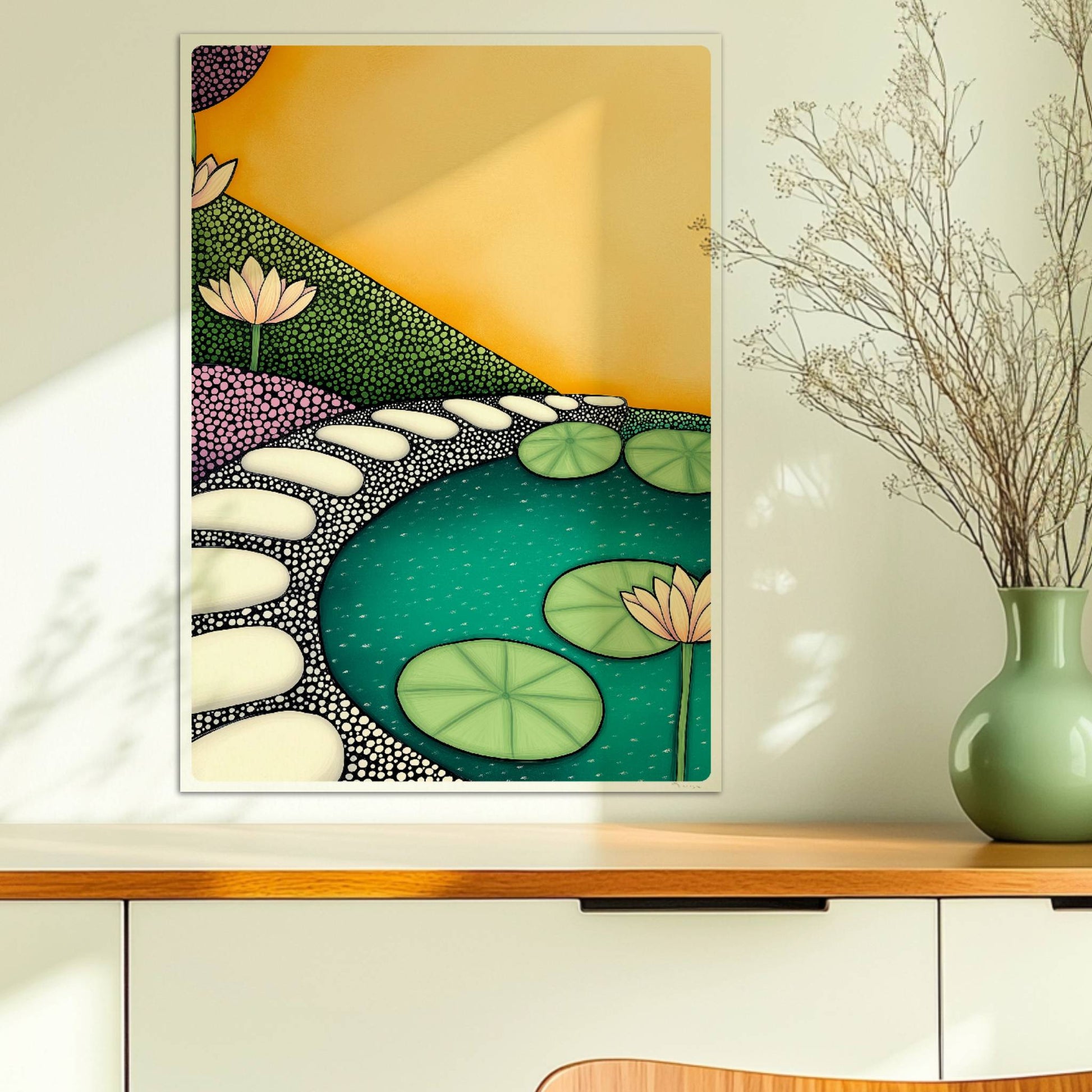 Teich mit schwimmenden Seerosen, ruhiges Wasser und friedliche Naturlandschaft in sanften Farben.. Ohne Rahmen 50x70