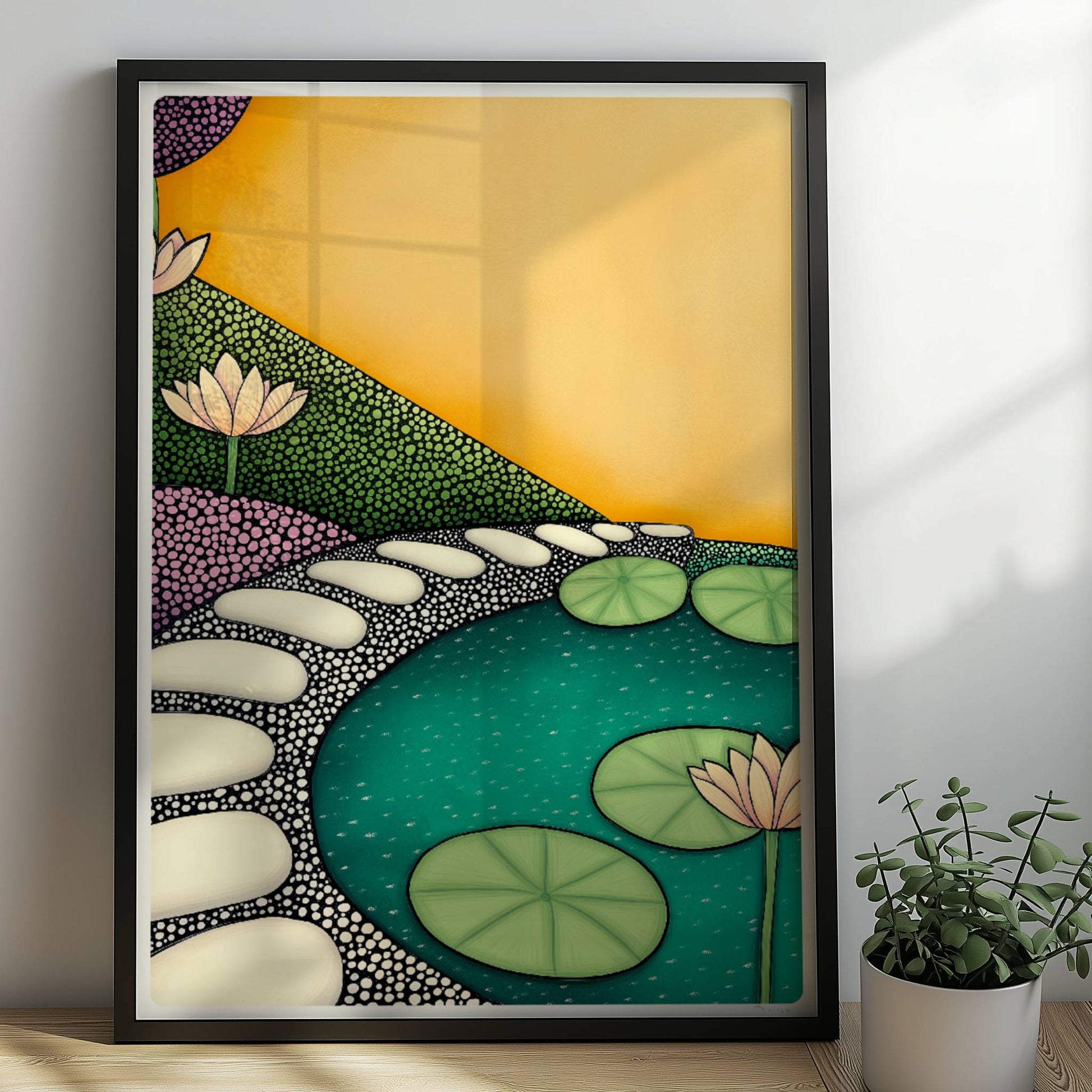 Teich mit schwimmenden Seerosen, ruhiges Wasser und friedliche Naturlandschaft in sanften Farben.. Rahmen schwarz 50x70
