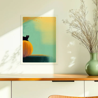 Schwarze Katze sitzt auf Kürbis im goldenen Licht, herbstliche Stimmung mit Wald im Hintergrund.. Ohne Rahmen 30x40