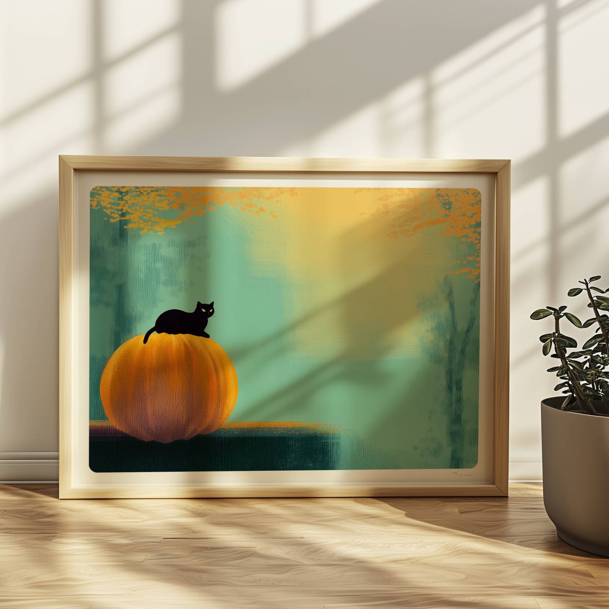 Schwarze Katze sitzt auf Kürbis im goldenen Licht, herbstliche Stimmung mit Wald im Hintergrund.. Rahmen natur 40x30