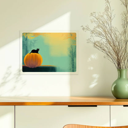 Schwarze Katze sitzt auf Kürbis im goldenen Licht, herbstliche Stimmung mit Wald im Hintergrund.. Ohne Rahmen 40x30