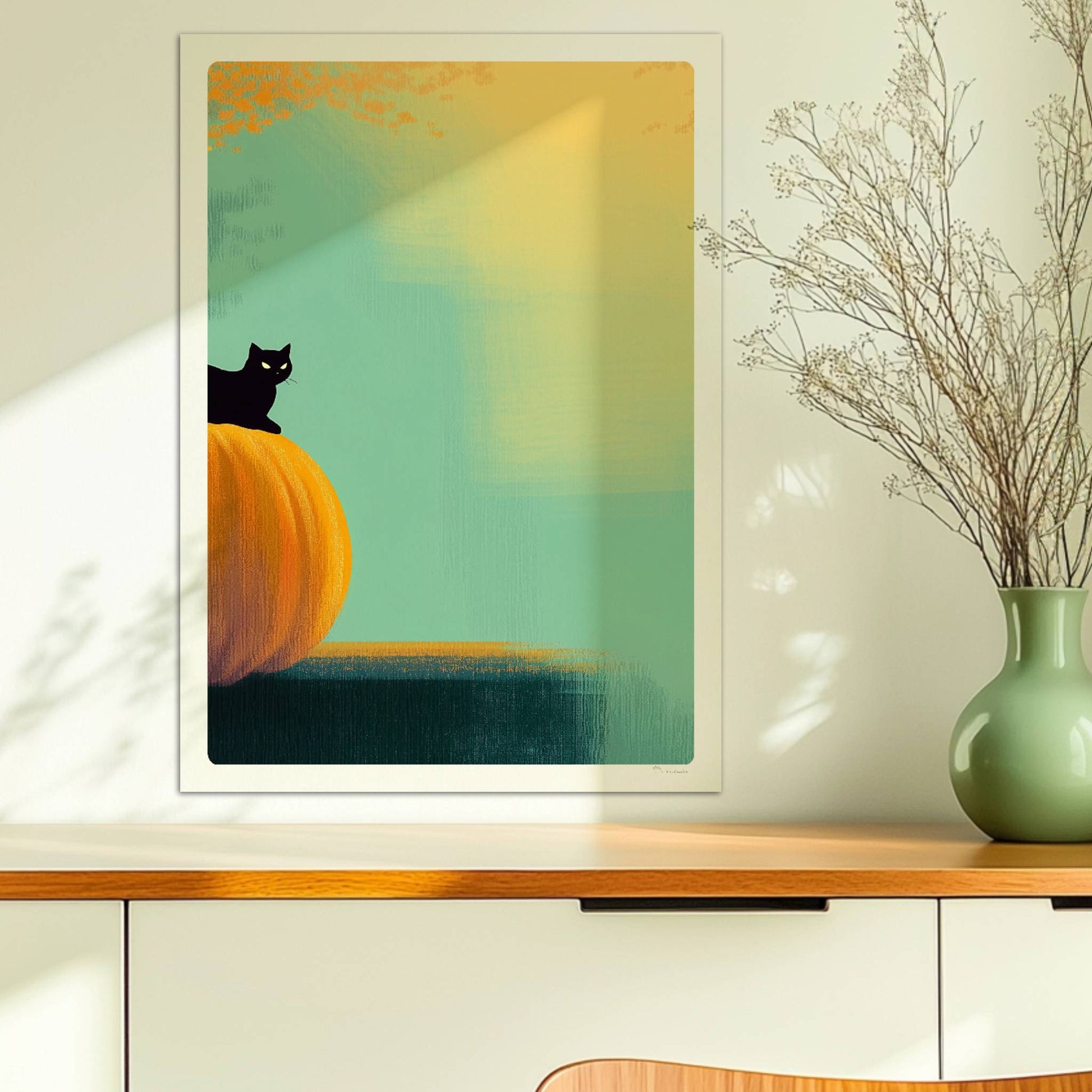 Schwarze Katze sitzt auf Kürbis im goldenen Licht, herbstliche Stimmung mit Wald im Hintergrund.. Ohne Rahmen 50x70