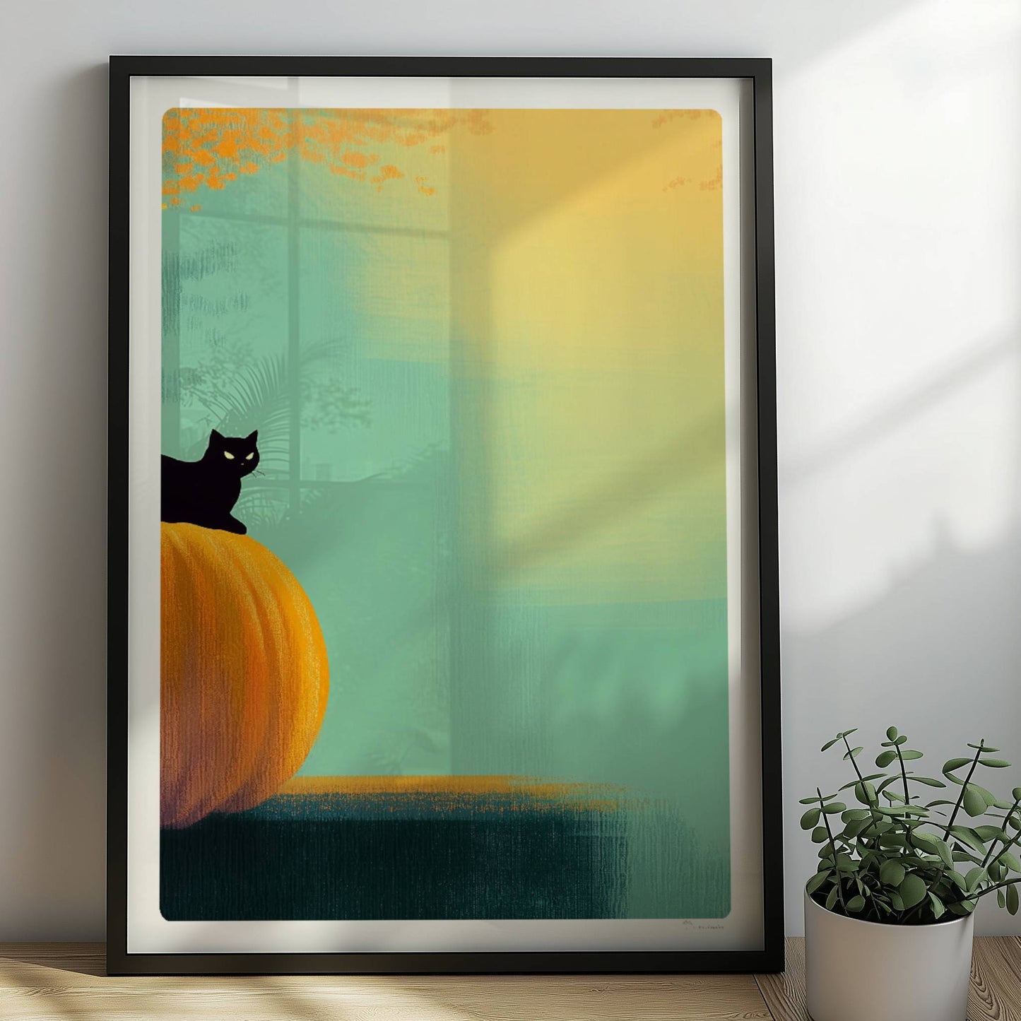 Schwarze Katze sitzt auf Kürbis im goldenen Licht, herbstliche Stimmung mit Wald im Hintergrund.. Rahmen schwarz 50x70