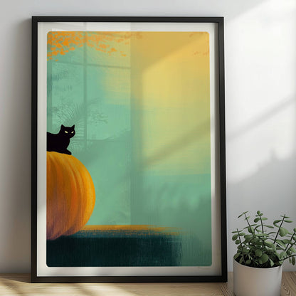 Schwarze Katze sitzt auf Kürbis im goldenen Licht, herbstliche Stimmung mit Wald im Hintergrund.. Rahmen schwarz 50x70
