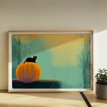 Schwarze Katze sitzt auf Kürbis im goldenen Licht, herbstliche Stimmung mit Wald im Hintergrund.. Rahmen natur 70x50