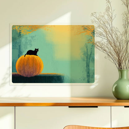 Schwarze Katze sitzt auf Kürbis im goldenen Licht, herbstliche Stimmung mit Wald im Hintergrund.. Ohne Rahmen 70x50