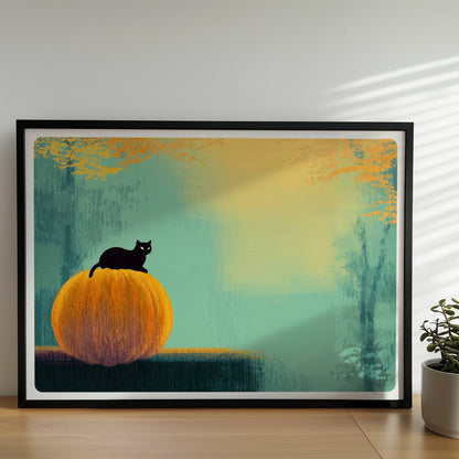 Schwarze Katze sitzt auf Kürbis im goldenen Licht, herbstliche Stimmung mit Wald im Hintergrund.. Rahmen schwarz 70x50
