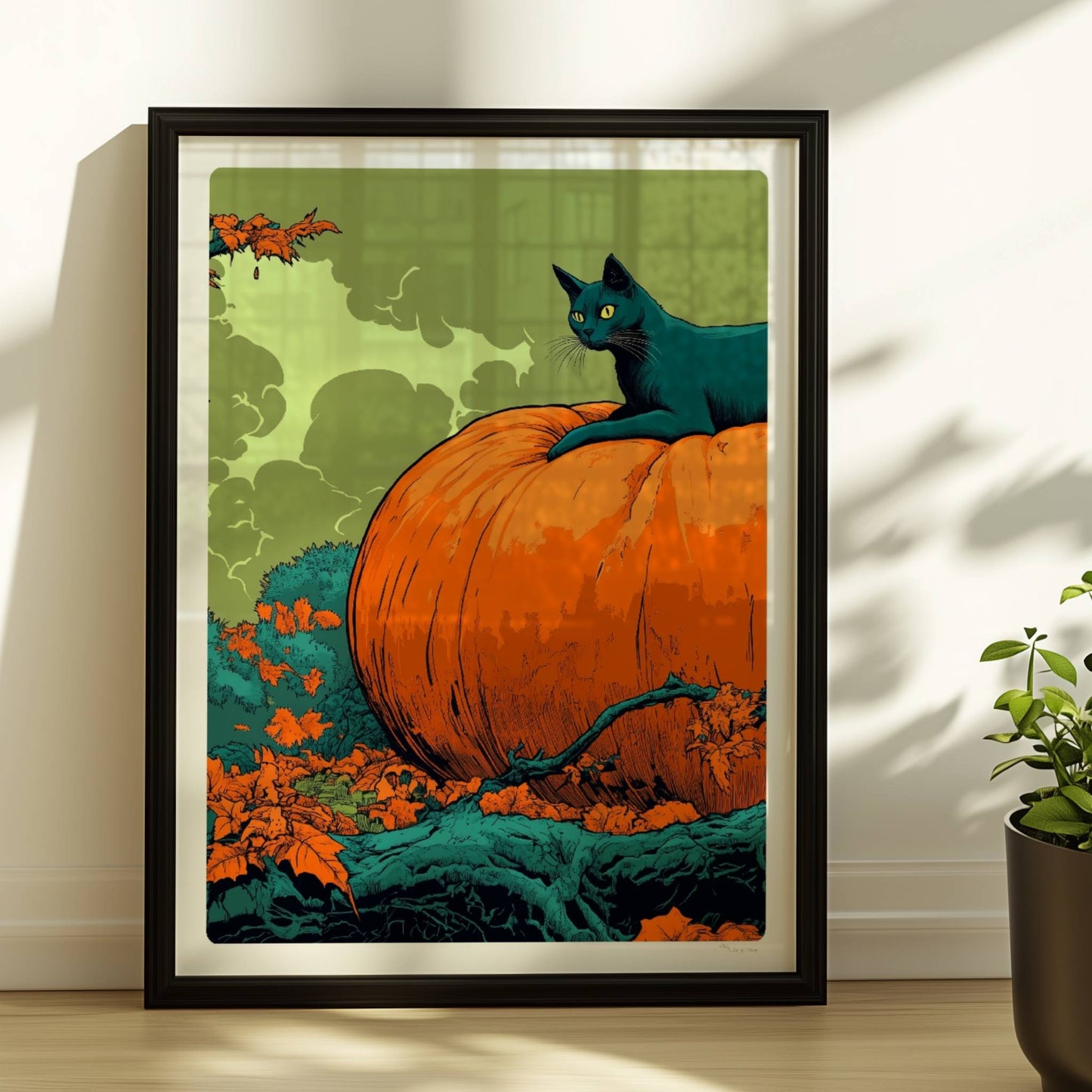 Schwarze Katze liegt auf großem Kürbis im herbstlichen Wald mit geheimnisvoller Atmosphäre.. Rahmen schwarz 30x40